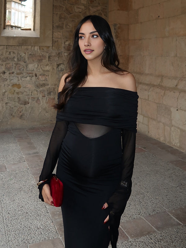 Beaumama robes moulante longue grossesse chic cocktail épaule dénudée tulle épissage transparent manches évasées femme enceinte