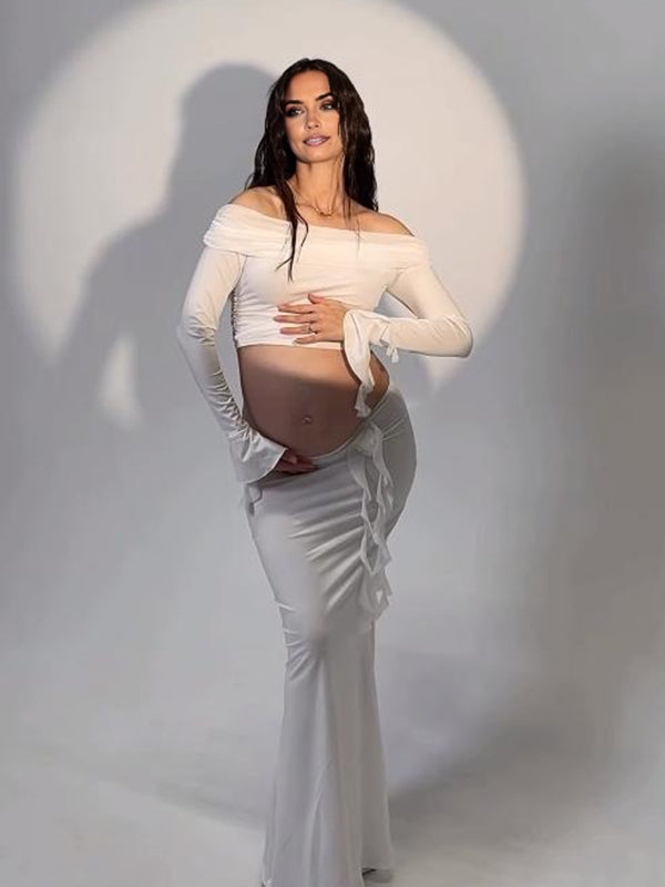 Beaumama robes shooting longue grossesse chic cocktail 2 pièces volants fleurie épaule dénudée moulante femme enceinte