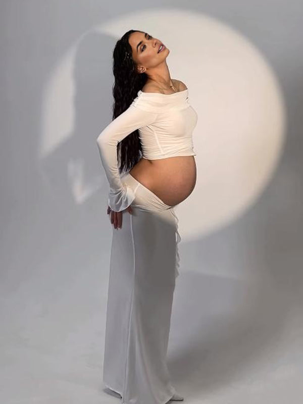 Beaumama robes shooting longue grossesse chic cocktail 2 pièces volants fleurie épaule dénudée moulante femme enceinte