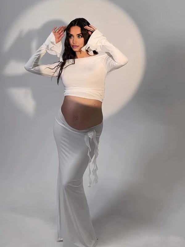 Beaumama robes shooting longue grossesse chic cocktail 2 pièces volants fleurie épaule dénudée moulante femme enceinte