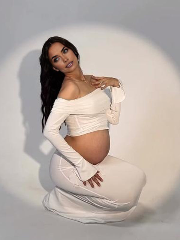 Beaumama robes shooting longue grossesse chic cocktail 2 pièces volants fleurie épaule dénudée moulante femme enceinte