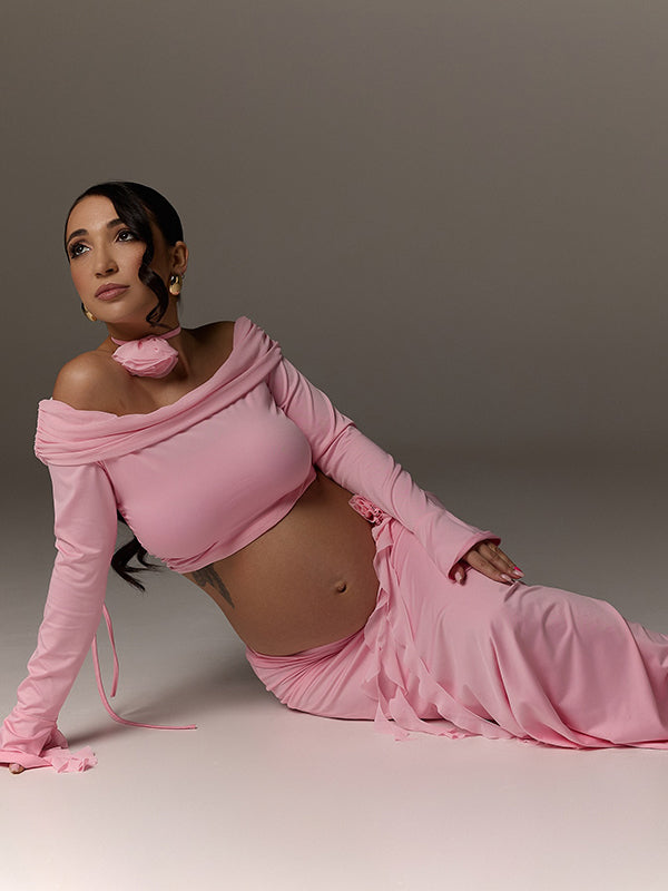 Beaumama robes shooting longue grossesse chic cocktail 2 pièces volants fleurie épaule dénudée moulante femme enceinte