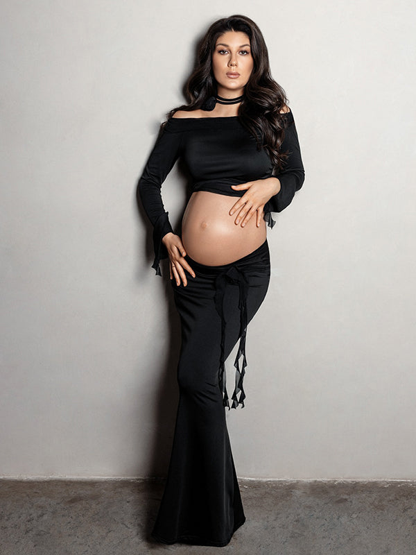 Beaumama robes shooting longue grossesse chic cocktail 2 pièces volants fleurie épaule dénudée moulante femme enceinte