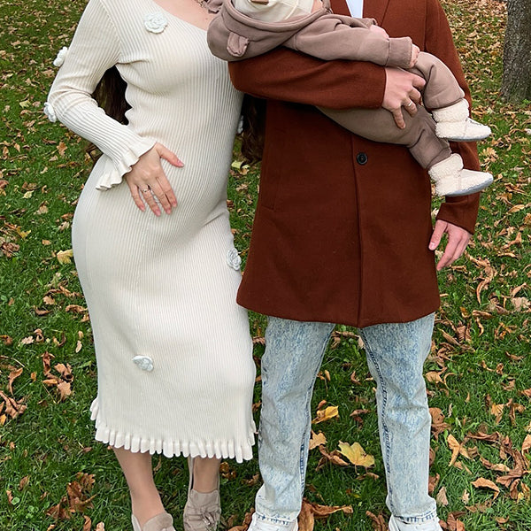 Beaumama robes longue grossesse élégant casual 3D fleurie volants crochet tricot moulante femme enceinte