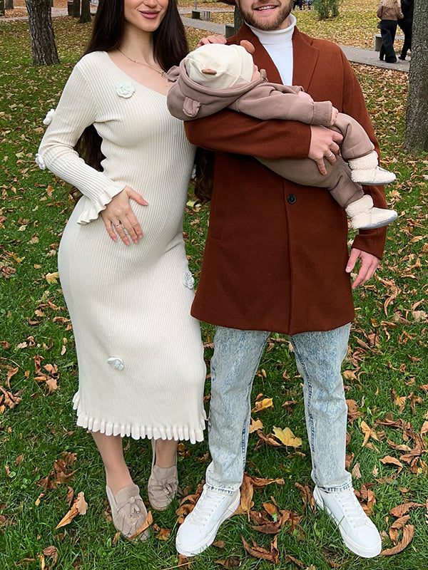 Beaumama robes longue grossesse élégant casual 3D fleurie volants crochet tricot moulante femme enceinte