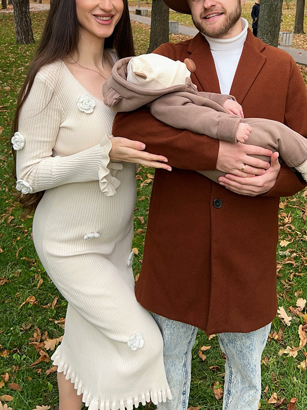 Beaumama robes longue grossesse élégant casual 3D fleurie volants crochet tricot moulante femme enceinte