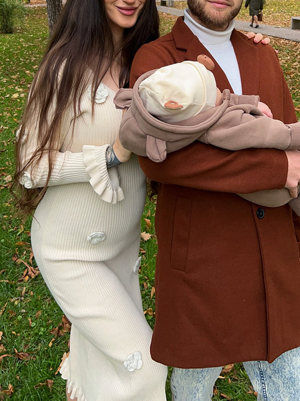 Beaumama robes longue grossesse élégant casual 3D fleurie volants crochet tricot moulante femme enceinte