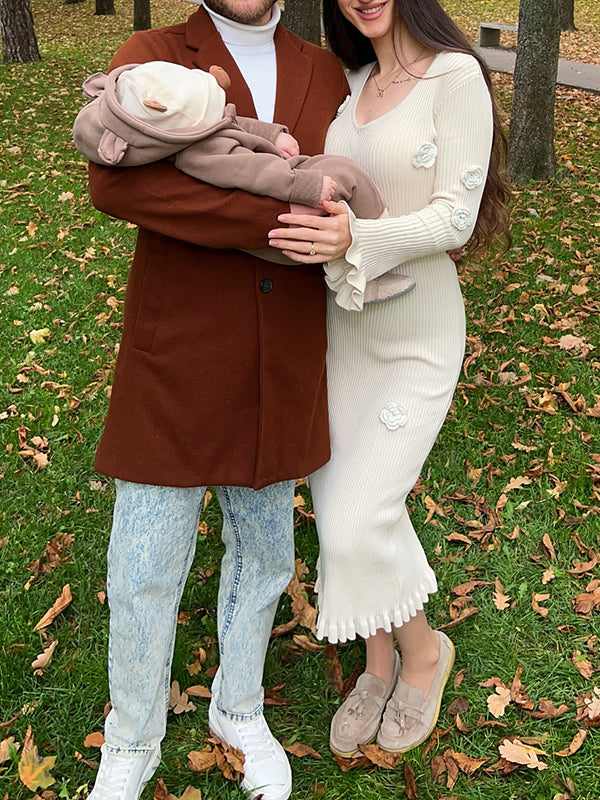 Beaumama robes longue grossesse élégant casual 3D fleurie volants crochet tricot moulante femme enceinte