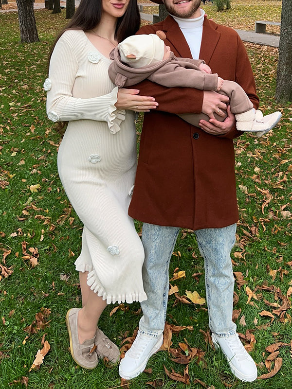 Beaumama robes longue grossesse élégant casual 3D fleurie volants crochet tricot moulante femme enceinte