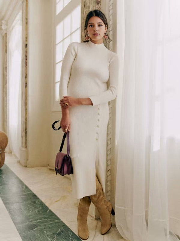 Beaumama robes longue grossesse élégant casual boutonnage fendu le côté crochet tricot moulante femme enceinte