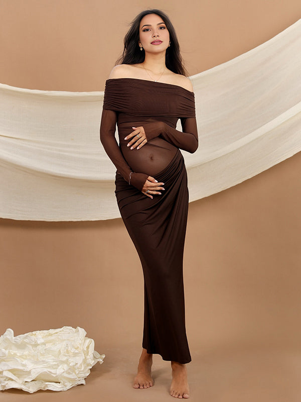 Beaumama robe shooting longue grossesse chic cocktail épaule dénudée tulle épissage transparent moulante femme enceinte