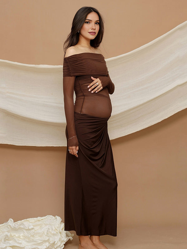 Beaumama robe shooting longue grossesse chic cocktail épaule dénudée tulle épissage transparent moulante femme enceinte