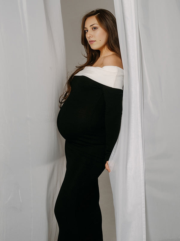 Beaumama robe shooting longue grossesse chic cocktail couleur bloc épaule dénudée nœud moulante femme enceinte