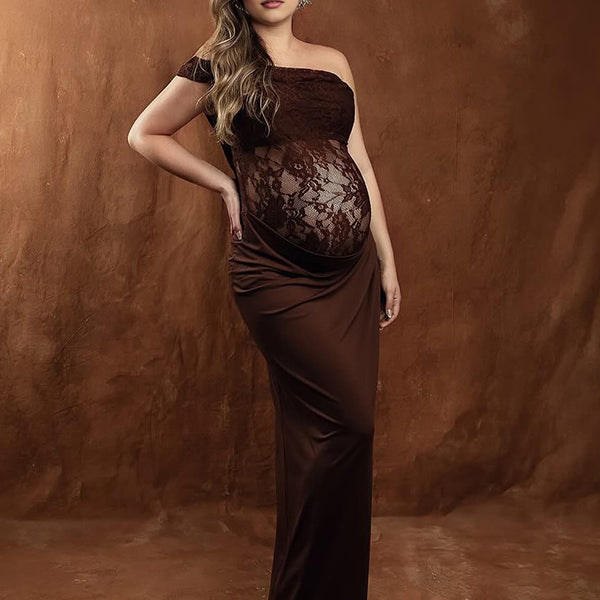 Beaumama robe shooting longue grossesse chic dentelle épissage épaule asymétrique transparent femme enceinte