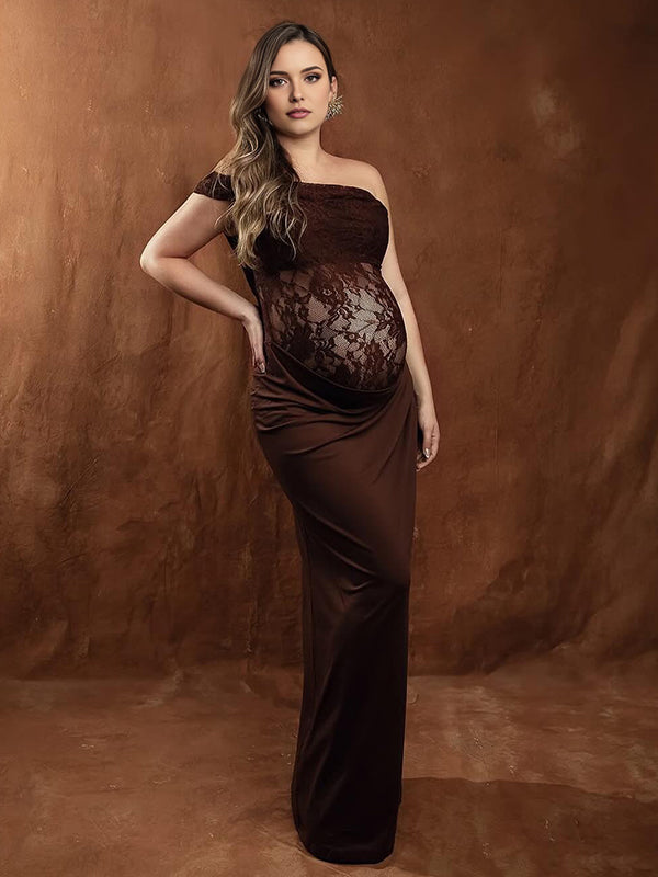 Beaumama robe shooting longue grossesse chic dentelle épissage épaule asymétrique transparent femme enceinte