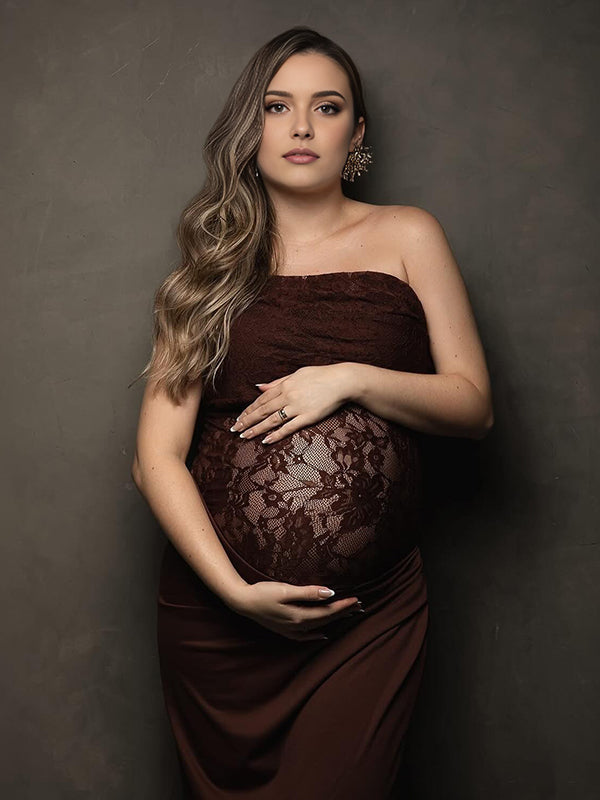 Beaumama robe shooting longue grossesse chic dentelle épissage épaule asymétrique transparent femme enceinte