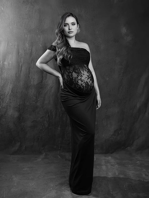 Beaumama robe shooting longue grossesse chic dentelle épissage épaule asymétrique transparent femme enceinte