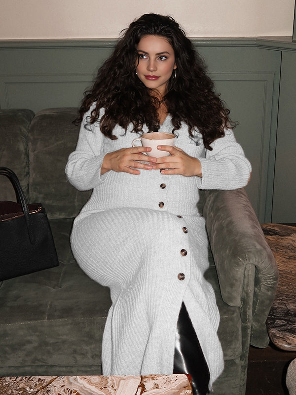 Beaumama robe longue grossesse casual boutonnage fente avant moulante crochet tricot femme enceinte