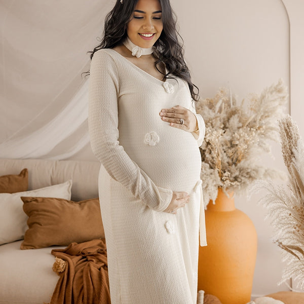 Beaumama robes longue grossesse applique fleur tricot v-cou élégant femme enceinte
