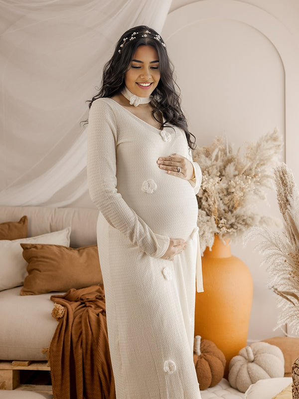 Beaumama robes longue grossesse applique fleur tricot v-cou élégant femme enceinte