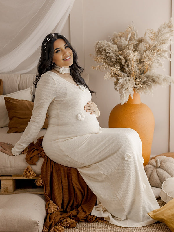 Beaumama robes longue grossesse applique fleur tricot v-cou élégant femme enceinte