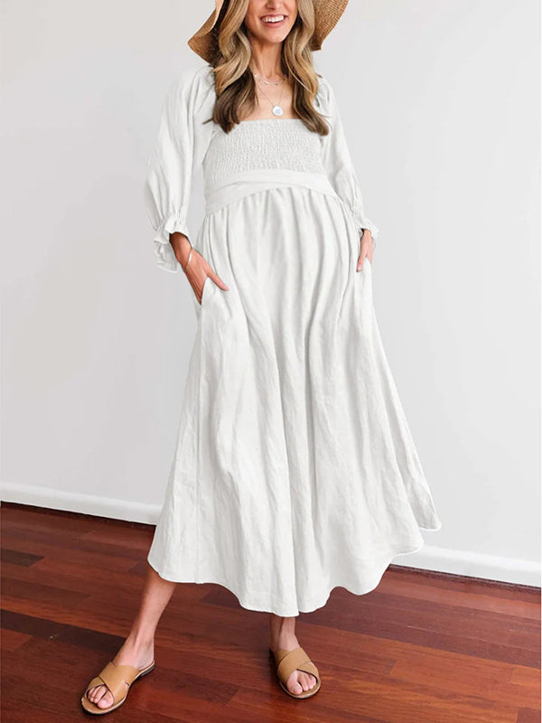 Robes longue grossesse ceinture plissé blanche