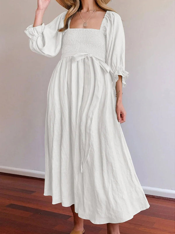 Robes longue grossesse ceinture plissé blanche