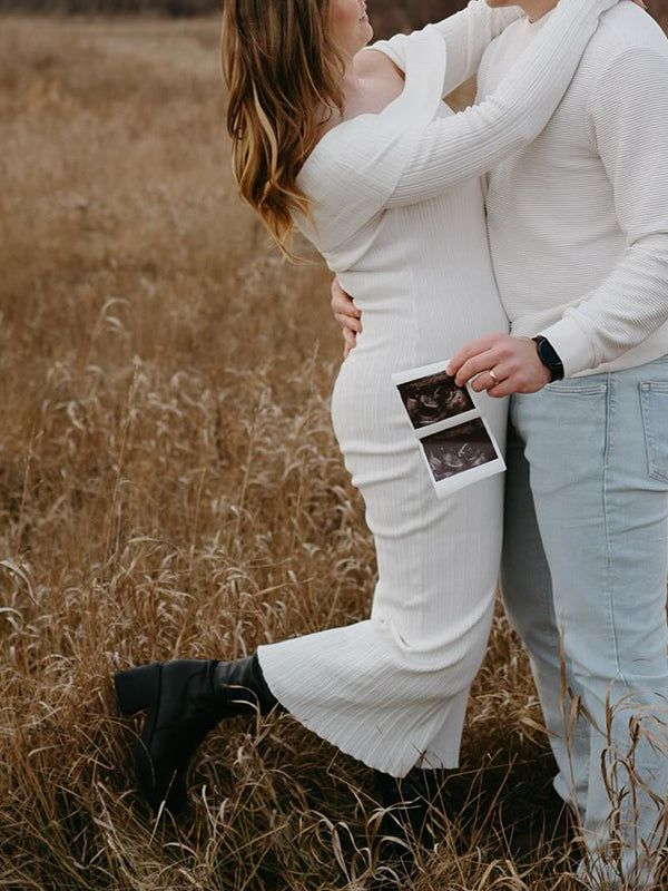 Beaumama robe shooting longue grossesse épissage épaule dénudée photo tricot femme enceinte