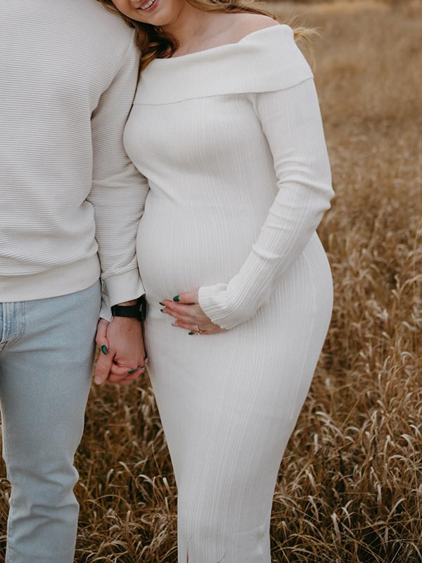 Beaumama robe shooting longue grossesse épissage épaule dénudée photo tricot femme enceinte