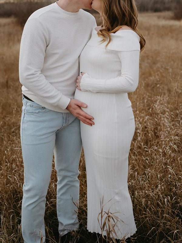 Beaumama robe shooting longue grossesse épissage épaule dénudée photo tricot femme enceinte