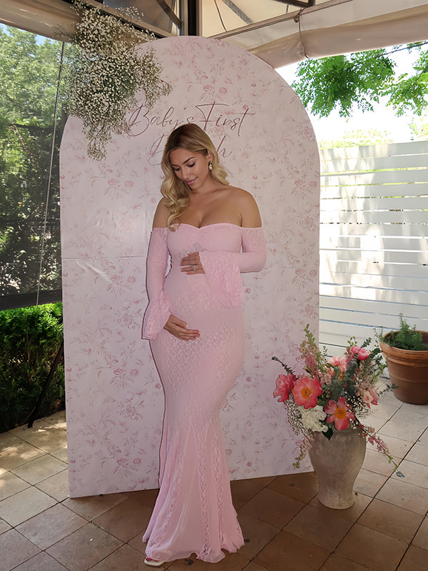 Beaumama robe longue grossesse dentelle épaule dénudée femme enceinte babyshower rose