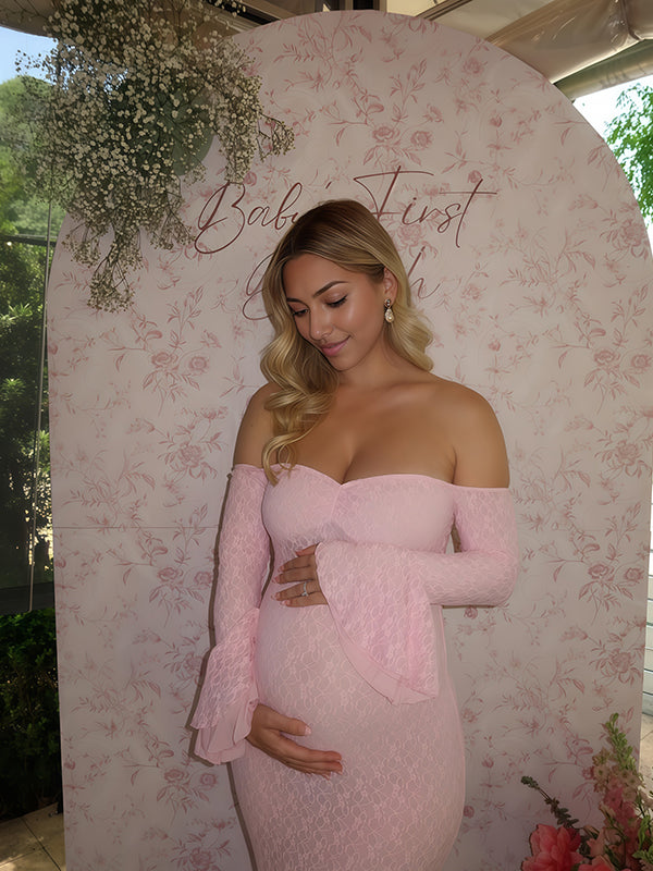 Beaumama robe longue grossesse dentelle épaule dénudée femme enceinte babyshower rose