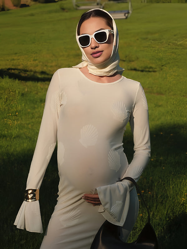 Beaumama robe longue grossesse imprimé fleurie manches trompette ceinture dos nu femme enceinte blanche