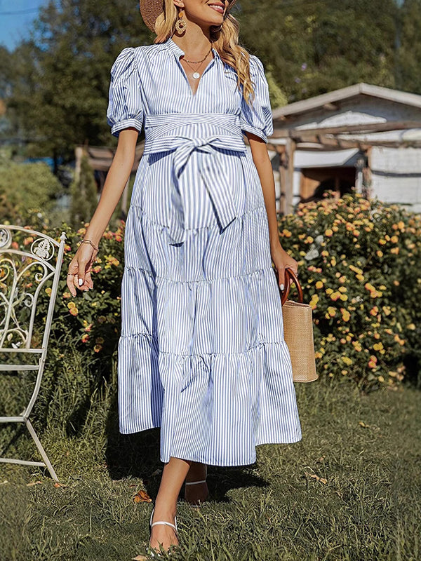 Robes longue rayé grossesse nœud papillon ceinture bleu