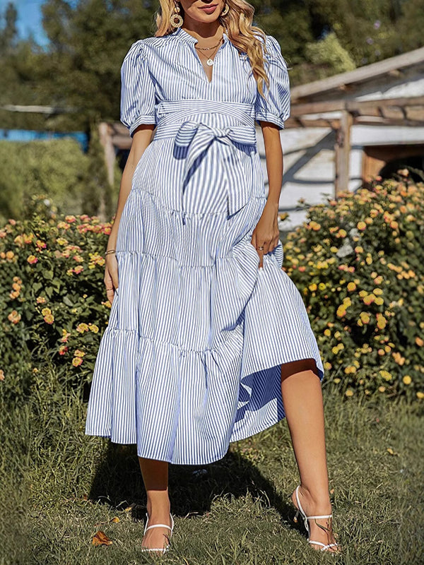 Robes longue rayé grossesse nœud papillon ceinture bleu