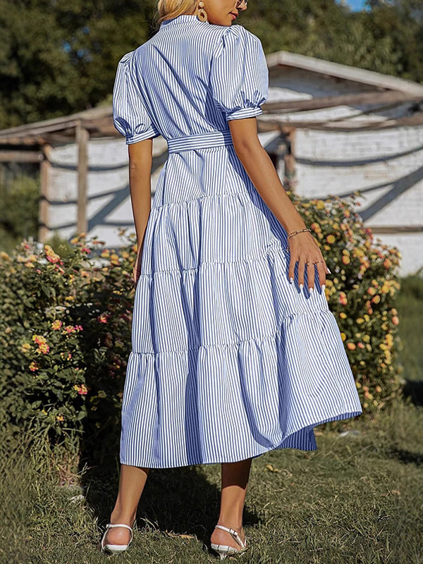 Robes longue rayé grossesse nœud papillon ceinture bleu