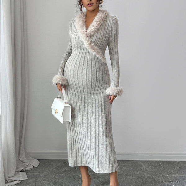 Beaumama robes longue grossesse élégant chic épissage plume poilu rayé femme enceinte