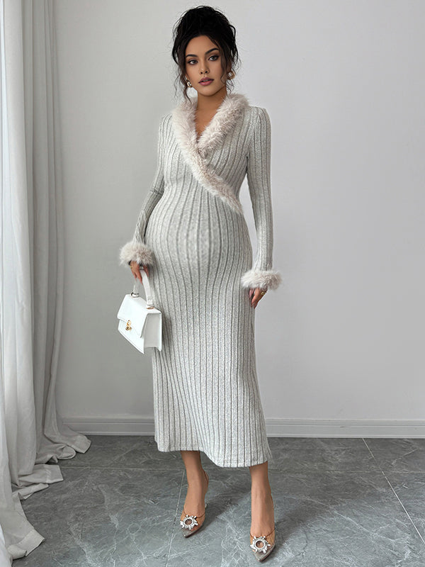 Beaumama robes longue grossesse élégant chic épissage plume poilu rayé femme enceinte