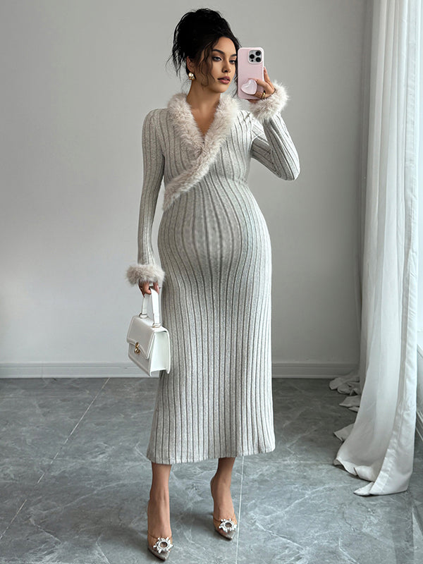 Beaumama robes longue grossesse élégant chic épissage plume poilu rayé femme enceinte