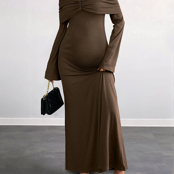 Beaumama robes longue grossesse élégant chic épaule dénudée plissé trapèze femme enceinte