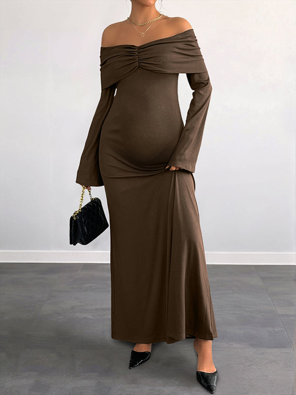 Beaumama robes longue grossesse élégant chic épaule dénudée plissé trapèze femme enceinte