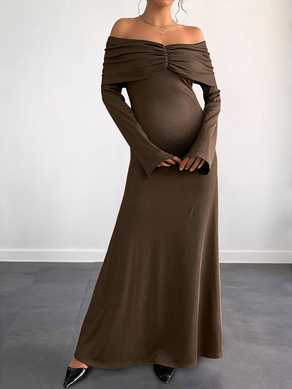 Beaumama robes longue grossesse élégant chic épaule dénudée plissé trapèze femme enceinte
