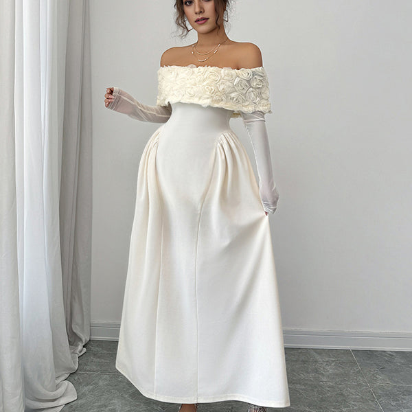 Beaumama robes longue grossesse élégant chic épaule dénudée 3D fleurie trapèze femme enceinte