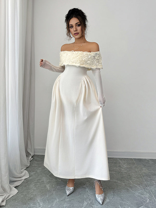 Beaumama robes longue grossesse élégant chic épaule dénudée 3D fleurie trapèze femme enceinte