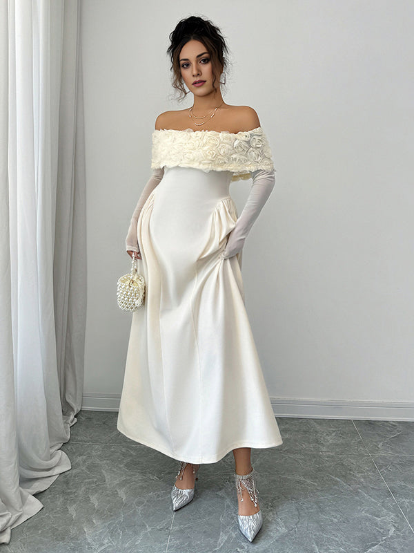 Beaumama robes longue grossesse élégant chic épaule dénudée 3D fleurie trapèze femme enceinte