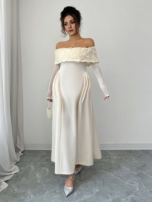 Beaumama robes longue grossesse élégant chic épaule dénudée 3D fleurie trapèze femme enceinte