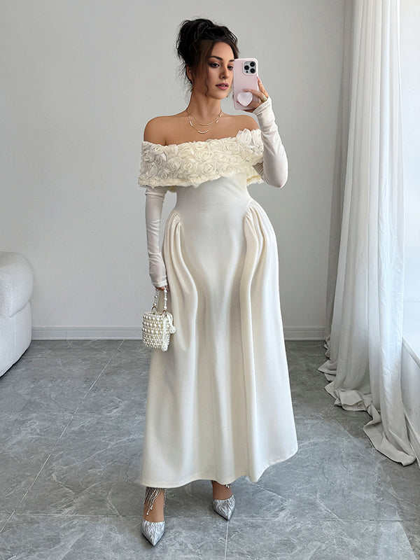 Beaumama robes longue grossesse élégant chic épaule dénudée 3D fleurie trapèze femme enceinte