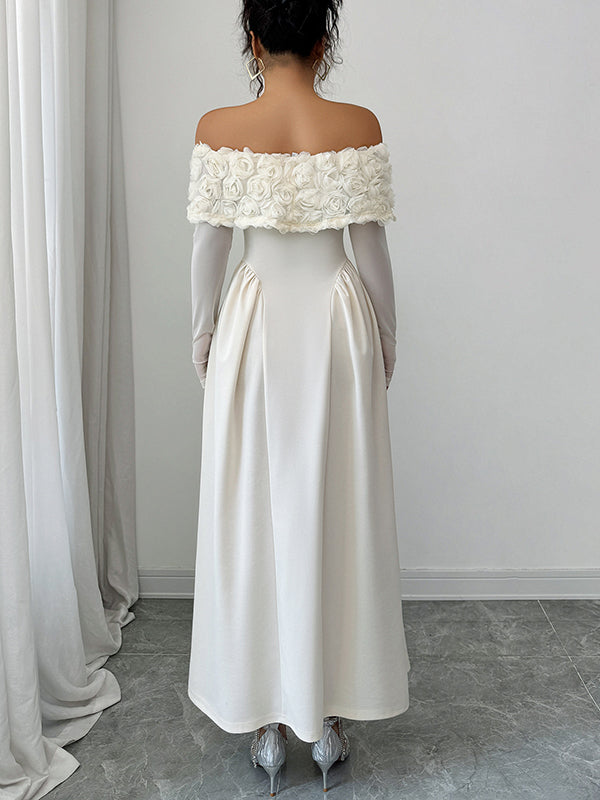 Beaumama robes longue grossesse élégant chic épaule dénudée 3D fleurie trapèze femme enceinte