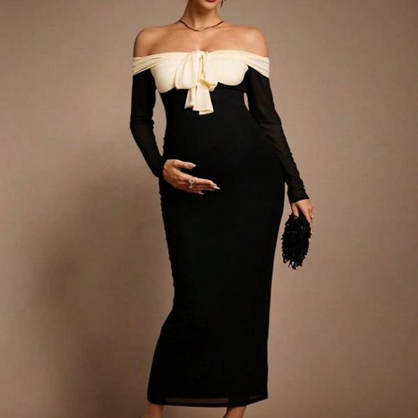 Beaumama robes moulante longue grossesse chic cocktail épissage nœud papillon épaule dénudée couleur bloc femme enceinte
