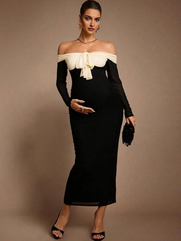 Beaumama robes moulante longue grossesse chic cocktail épissage nœud papillon épaule dénudée couleur bloc femme enceinte